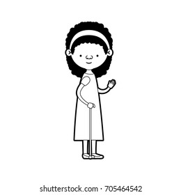 caricature full body elderly woman in walking stick with dress and bow lace and curly hairstyle in black silhouette sections vector illustration