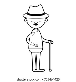caricature full body grandfather in walking stick with moustache in black silhouette sections vector illustration