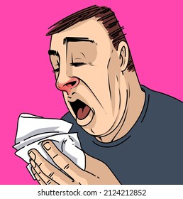 Caricature. Funny adult man sneezing. Vector illustration. Healthcare illustration. Pop art. 