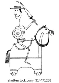 caricature guy as a soldier with shield and lance on a wooden horse