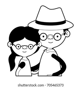 caricature half body couple elderly of grandmother with ponytail side hair with grandfather with hat and glasses in black silhouette sections vector illustration