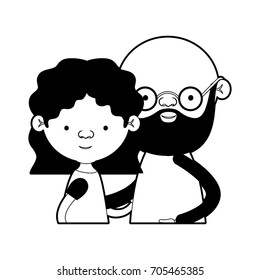 caricature half body couple elderly of grandmother with with wavy hair and bald bearded grandfather with glasses in black silhouette sections vector illustration