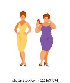 Caricature haughty slender and sad fat woman. Vector illustration