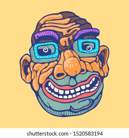 Caricature head of an adult man with glasses. Drawing Style. Vector illustration.