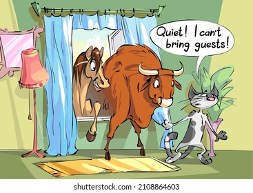 Caricature A Horse And A Bull Come Through The Window To Visit A Frightened Cat