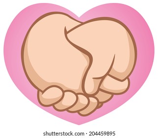 Caricature hugging boyfriends hand / Illustration of two hands in a heart. 