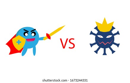 Caricature icon of the corona anti virus drug using sword and shield versus corona king. vector illustration