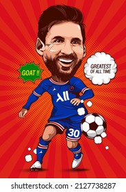 Caricature illustration of Lionel Messi, Argentina National footballer, Is an currently playing for Paris Saint Germain team the number 30, Be an official player on 11 August 2021