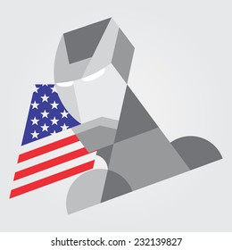 Caricature illustration of a metallic robot on a background of the American flag.