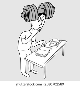 Caricature image of a man reading a book with dumbbells on his head.