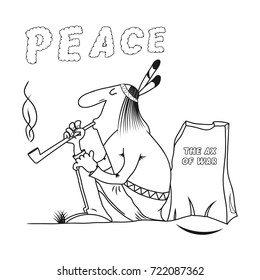 Caricature: Injun man buried his ax and smokes a pipe. Print on T-shirt