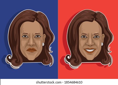 
Caricature Of Kamala Devi Harris Head. Smiling Face,frowning Face. Political Satire Cartoons. The First Female Vice President Of The United States. The 46th U.S. Vice President 2020 Election Results.