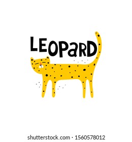 caricature leopard with lettering, decor elements. vector illustration. Hand drawing for children. animal theme. wild life