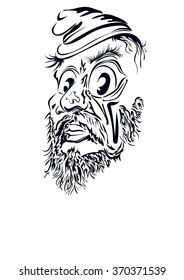 Caricature. A man with a beard and a hat