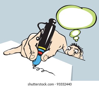 Caricature. A man signs a document with caution.