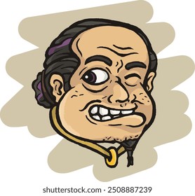 Caricatura do rosto de um homem com uma expressão exagerada e humorística. O personagem tem um olho bem aberto e o outro apertando os olhos, com um grande sorriso peculiar mostrando dentes cerrados.