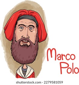 Caricatura de Marco Polo: Un comerciante y viajero veneciano que viajó a China en el siglo XIII y escribió sobre sus aventuras en su libro "Los viajes".