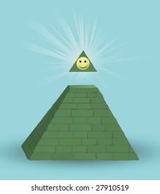 Caricature on the image of a unfinished pyramid and an eye on a denomination 1 US dollar