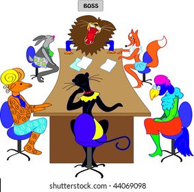 The caricature on negotiations in an office of the director - boss with employees of office