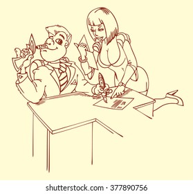 Caricature on office life. Director smokes a cigar from burning money, portraying success for the his employee - beautiful blonde woman  with big breast. Contour version.