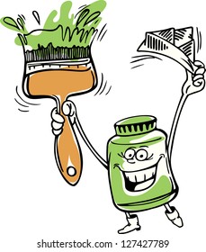 Caricature of paint can. Painter holding a brush and a hat from a newspaper