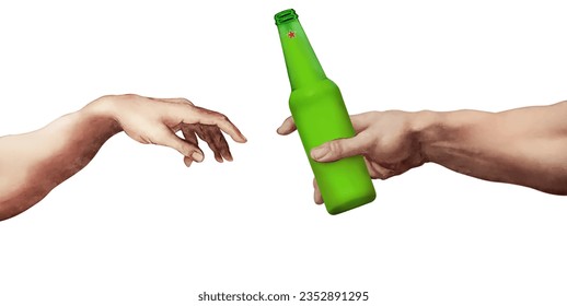 Caricature of painting-The Creation of Adam : Grabbing a beer.