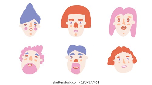 Caricature people elements collection. Trendy psychedelic adult characters isolated set. Different bizarre men and women  in cartoon design.