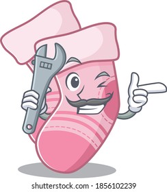 A caricature picture of baby socks working as a mechanic