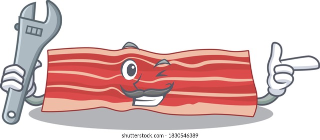 A caricature picture of bacon working as a mechanic