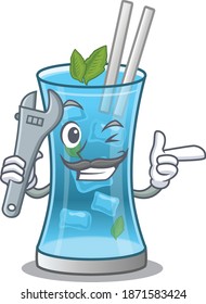A caricature picture of blue hawai cocktail working as a mechanic