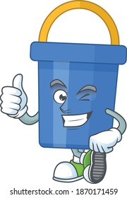 Caricature picture of blue sand bucket with Thumbs up finger. Vector illustration