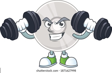 Caricature picture of compact disk exercising with barbells on gym. Vector illustration