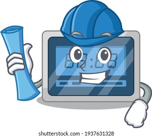Karikaturbild des digitalen Zeitgebers Architekt mit blauen Drucke