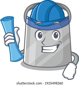 caricature picture of face shield Architect with blue prints