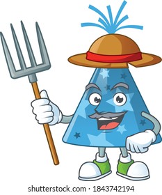 Caricature picture of Farmer blue party hat with hat and pitchfork. Vector illustration