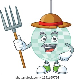 Caricature picture of Farmer disco ball with hat and pitchfork. Vector illustration