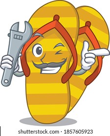 A caricature picture of flip flops working as a mechanic
