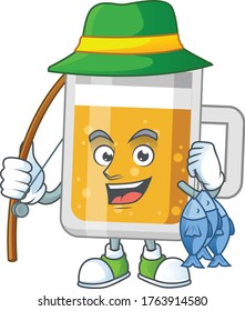 A Caricature picture of glass of beer fisher succeed catch a fish. Vector illustration