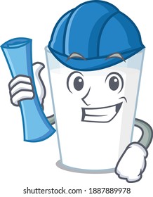 caricature picture of glass of milk Architect with blue prints. Vector illustration