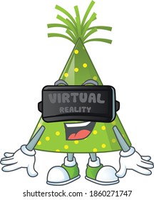 Caricature picture of green party hat playing a game using Virtual reality headset. Vector illustration