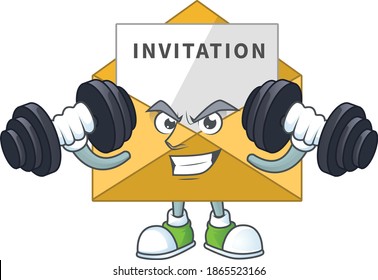 Caricature picture of invitation message exercising with barbells on gym. Vector illustration
