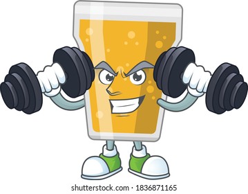 Caricature picture of mug of beer exercising with barbells on gym. Vector illustration