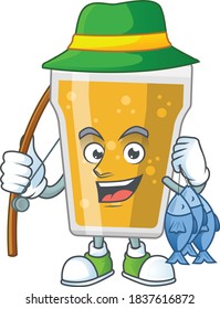 A Caricature picture of mug of beer fisher succeed catch a fish. Vector illustration