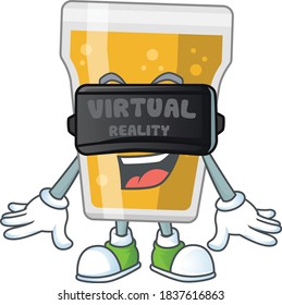Caricature picture of mug of beer playing a game using Virtual reality headset. Vector illustration