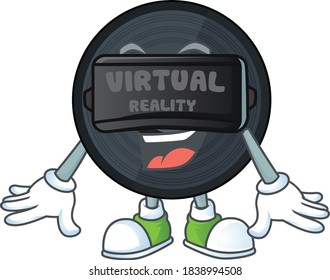 Caricature picture of music viynl disc playing a game using Virtual reality headset. Vector illustration