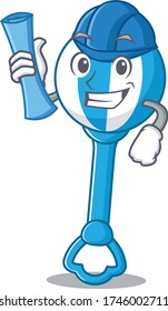 caricature picture of rattle toy Architect with blue prints