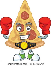 Caricature picture of slice of pizza boxing athlete on the arena. Vector illustration