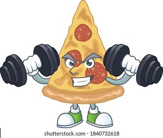 Caricature picture of slice of pizza exercising with barbells on gym. Vector illustration