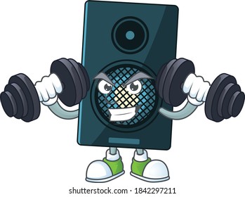 Caricature picture of sound system exercising with barbells on gym. Vector illustration