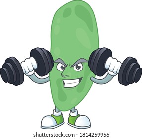 Caricature picture of thermus thermophilus exercising with barbells on gym. Vector illustration